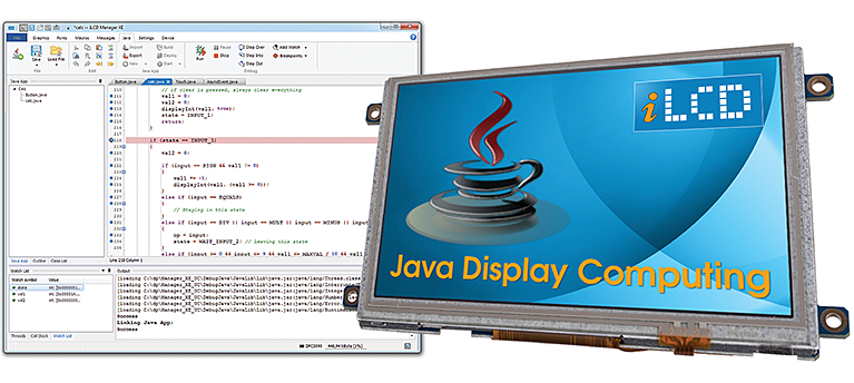 Image shows iLCD Manager's complete Java development environment and an iLCD running the Java VM